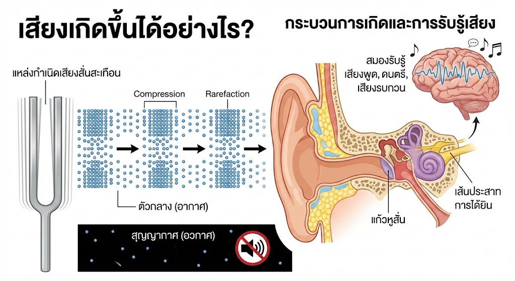 ภาพอธิบายว่าเสียงเกิดขึ้นได้อย่างไร จากการสั่นสะเทือนของวัตถุสู่คลื่นความดันในอากาศ
